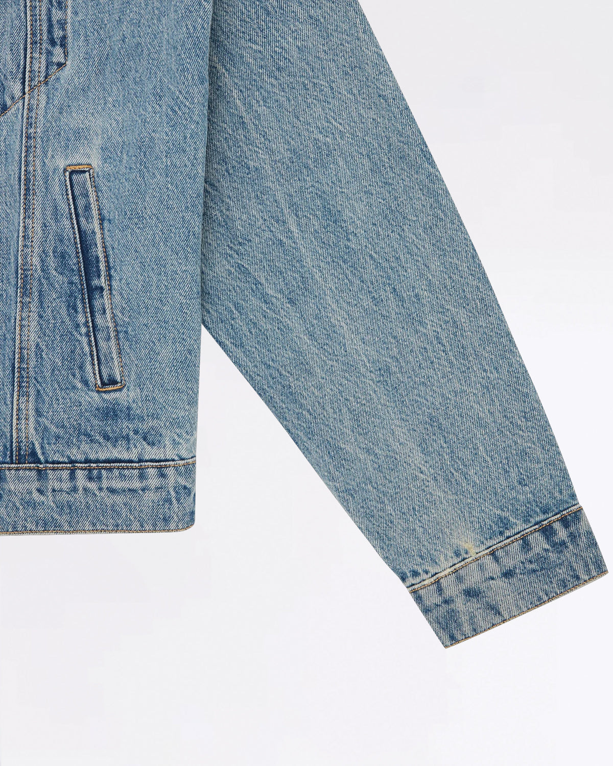 CHECK LINED DENIM TRUCKER JACKET VINTAGE WASH BLUE
